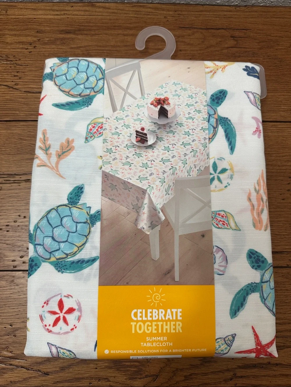 Celebrate Together Sea Turtle Summer Tablecloth 60x84 oblong in White and Teal